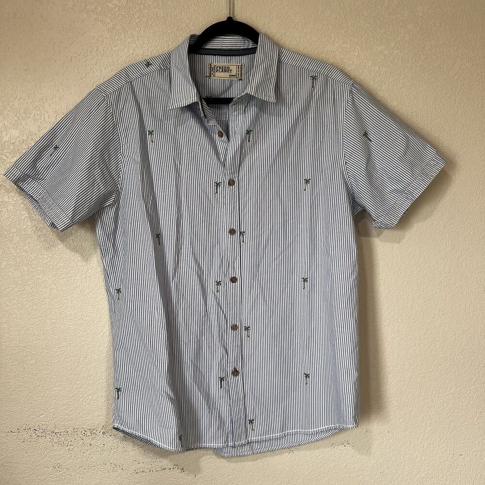 Free Planet Button Up Shirt Mens Large Collar Palm Trees Seersucker Short Sleeve
